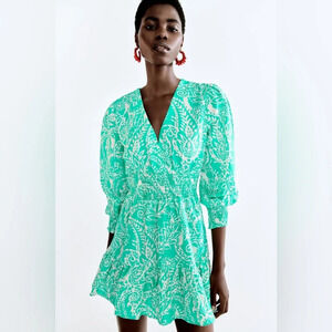 NWT Zara LINEN BLEND PRINT DRESS Green/White